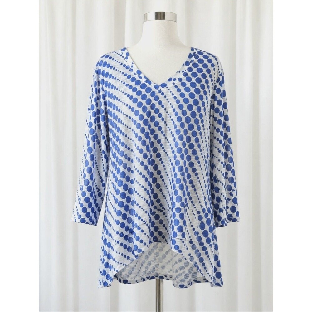 Tango Mango Blue White Polka Dot Asymmetrical Artsy Slub Knit Tunic Top Blouse